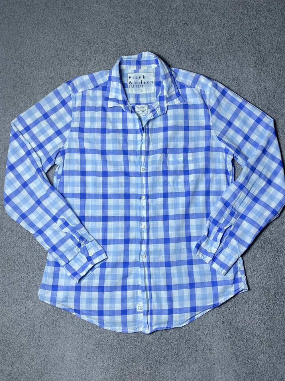 Frank & Eileen Barry Shirt Blue Gingham Plaid Italian Cotton Button Up Large